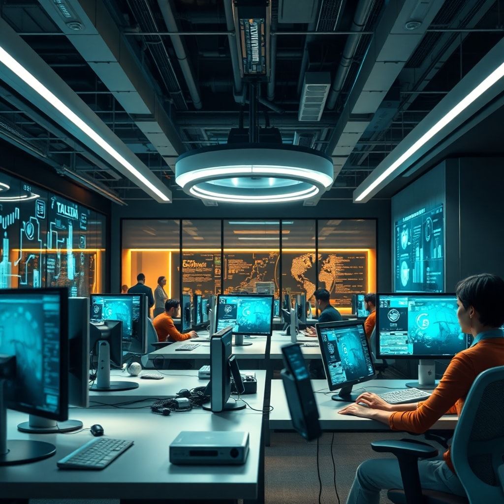 cutting-edge technology solutions in a futuristic office setting, featuring sleek computers and digital screens, dynamic lighting, and a collaborative work environment