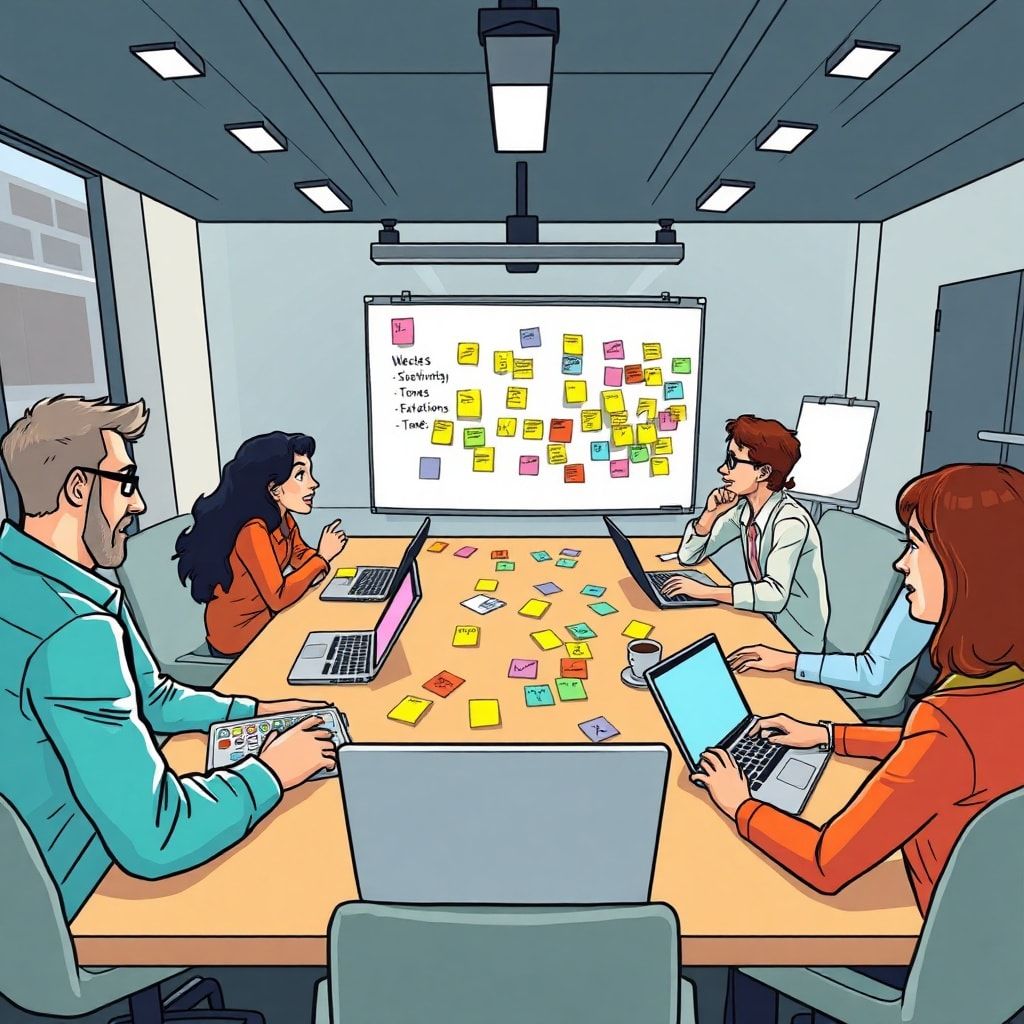 diverse team of professionals brainstorming innovative ideas in a modern conference room, with laptops, whiteboards, and colo