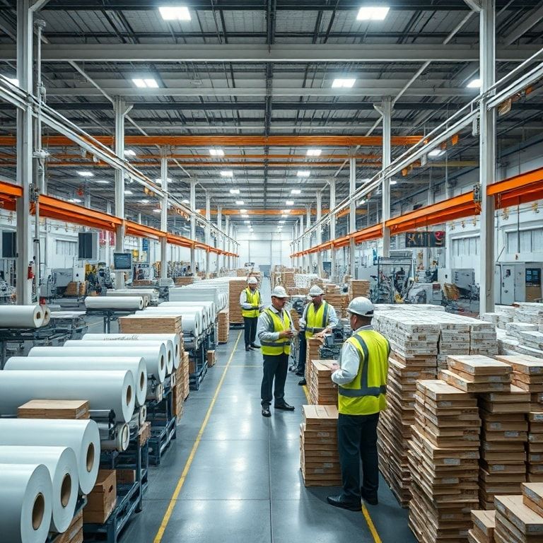 A modern, clean corrugated box manufacturing factory interior with advanced machinery, rolls of paper, and stacks of finished boxes. Workers in safety vests are overseeing the production line. The atmosphere is bright and efficient, reflecting high quality and precision manufacturing. Cinematic lighting, ultra realistic, highly detailed, 8k quality, photorealistic