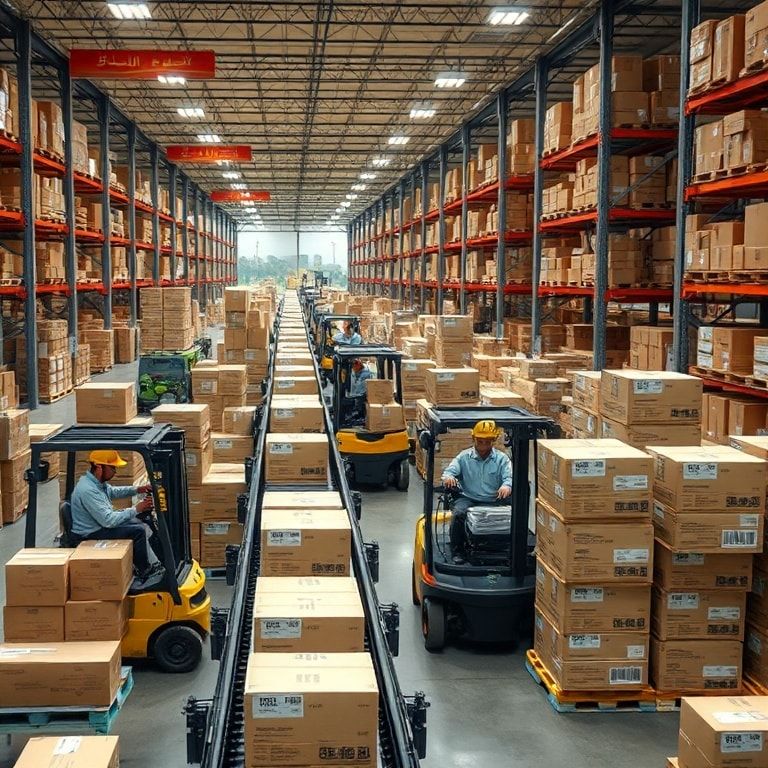 ready - A busy logistics warehouse with workers efficiently packing various products into custom-printed corrugated boxes. Fo