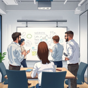 Entrepreneurs brainstorming in a modern office setting, creative team collaborating on a whiteboard, diverse group of professionals discussing ideas in a conference room