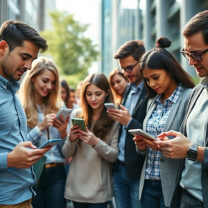 diverse group of people using various smart devices in a modern city setting, including smartphones, tablets, and smartwatches, showcasing digital connectivity and technology integration in everyday life