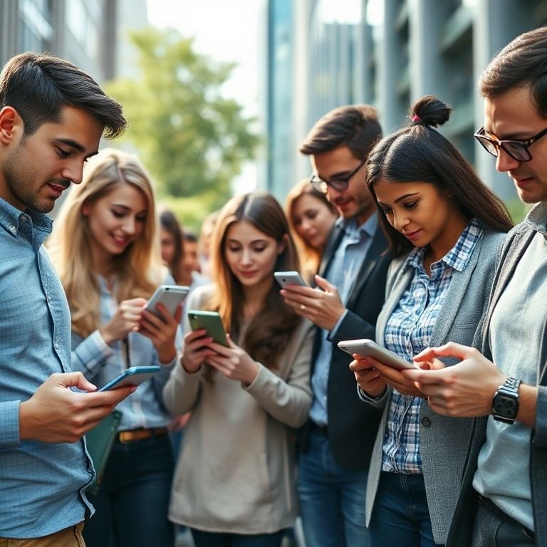diverse group of people using various smart devices in a modern city setting, including smartphones, tablets, and smartwatches, showcasing digital connectivity and technology integration in everyday life