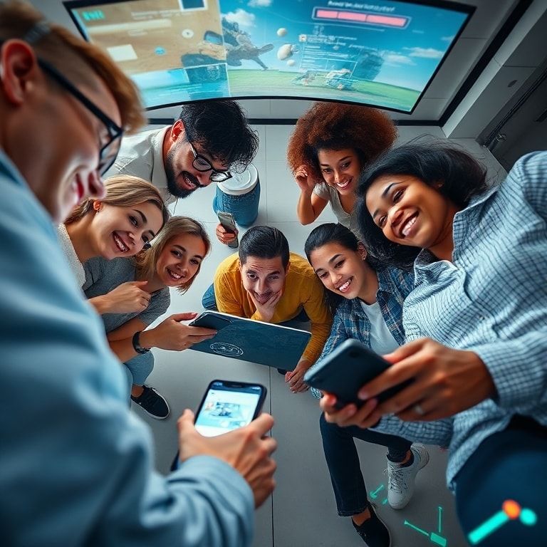 latest - diverse group of people collaborating on a virtual project using digital devices and interactive screens, showcasing