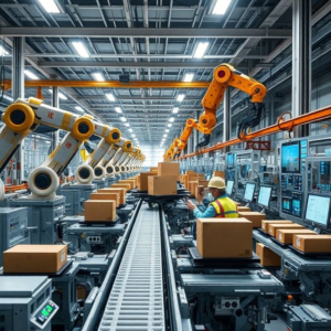 High-tech cardboard box manufacturing plant with robotic arms and conveyor belts, futuristic digital control panels, and workers in safety gear operating machinery
