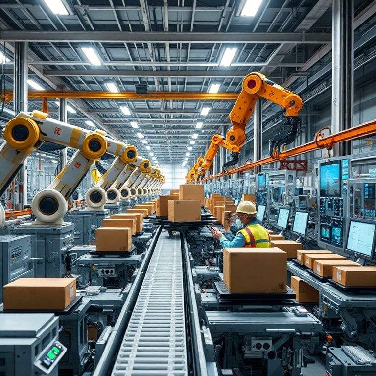 High-tech cardboard box manufacturing plant with robotic arms and conveyor belts, futuristic digital control panels, and workers in safety gear operating machinery
