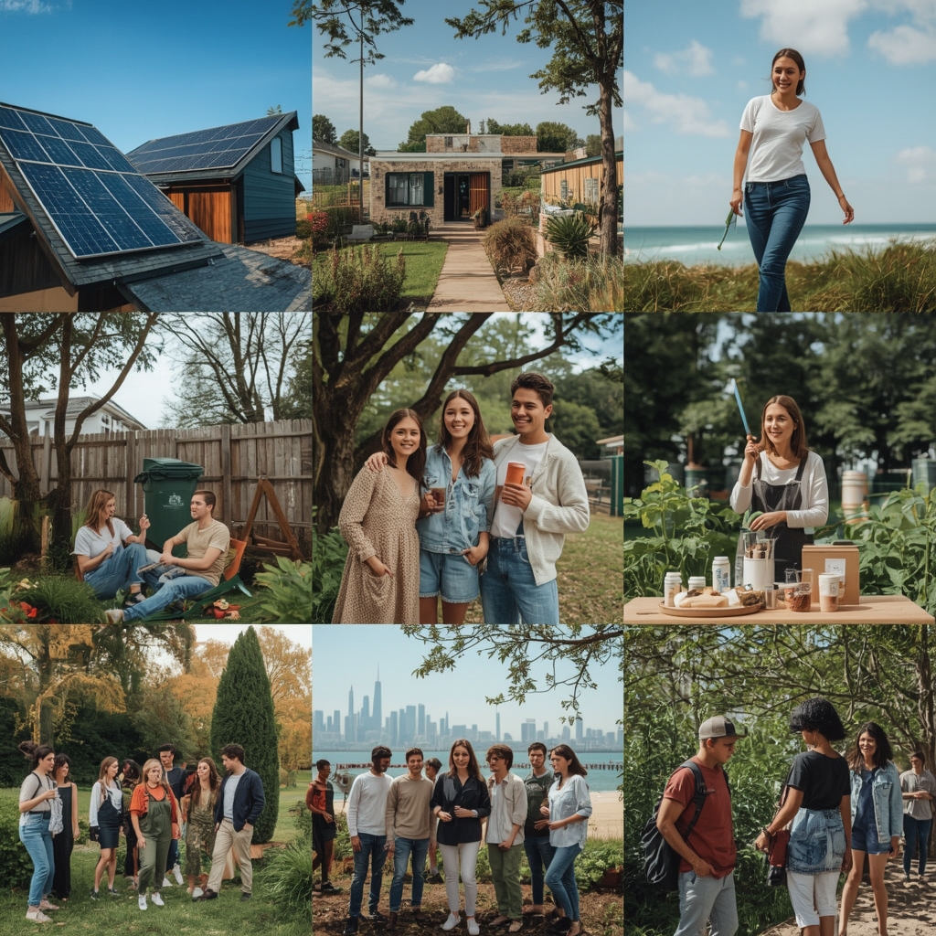 sustainable living in a modern eco-friendly home with solar panels and rainwater harvesting system, lush green garden with compost bin and recycling station, happy family enjoying a picnic in a local park with reusable containers and sustainable products, diverse group of people volunteering at a community garden planting trees and vegetables, sustainable city skyline with green buildings and bike lanes, sustainable fashion show featuring eco-friendly clothing made from recycled materials, vibrant farmers market with local produce and zero waste options, serene beach with clean oceans and marine life thriving