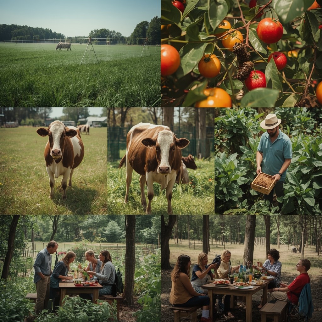 sustainable agriculture practices in action on a small family farm, solar-powered irrigation system in a lush green field, ha