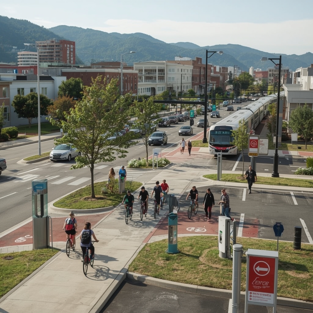 sustainable transportation options including electric vehicles, bike sharing program, and public transportation, people walki