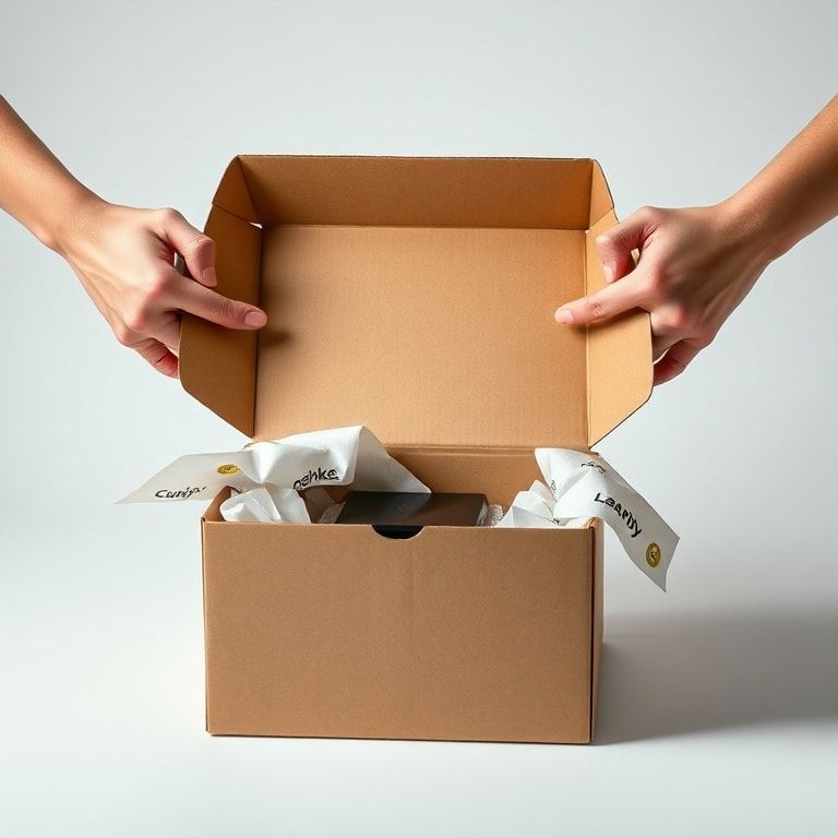A beautifully designed custom corrugated box being opened by hands, revealing a product nestled inside with branded tissue paper, a subtle logo visible on the box flap, soft studio lighting, clean background, focus on the unboxing experience, high-resolution, photorealistic, Ecommerce packaging, branding focus