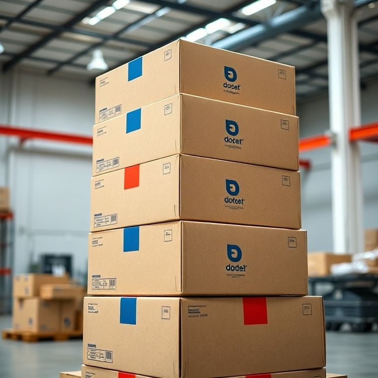 A stack of custom-branded corrugated boxes with a modern, minimalist logo and vibrant color scheme, ready for shipping in a c