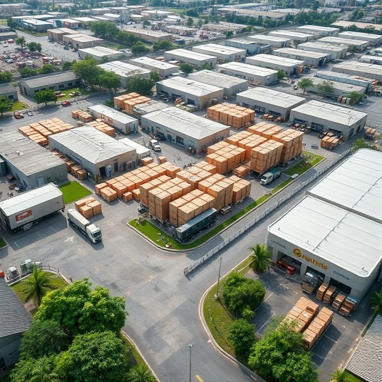 An aerial view of a modern corrugated box factory in a suburban industrial park near a major city like Bangkok, with trucks l