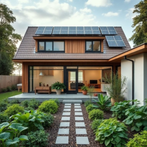 sustainable living in a modern eco-friendly home, with solar panels, rainwater harvesting, and a vegetable garden