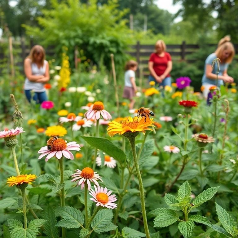 sustainable community garden with diverse plant life, bees pollinating flowers, and people working together