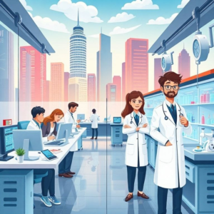 cutting-edge technology in a futuristic cityscape, bustling tech startup office with diverse employees collaborating, innovative medical laboratory with scientists in white coats and high-tech equipment