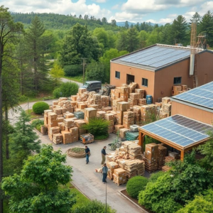 recycled cardboard and paper being sourced from local recycling centers, workers sorting and processing materials, sustainable forest with diverse wildlife, cardboard box factory exterior with solar panels and green landscaping