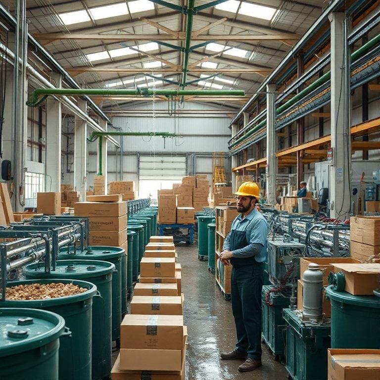 ecofriendly - water-saving equipment in cardboard box factory, workers monitoring water usage, rainwater harvesting system, c