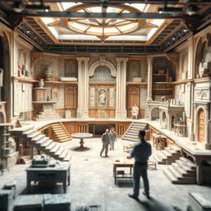 3D modeling software creating a detailed movie set design, virtual reality tools used in planning set construction, set designers collaborating on intricate set details