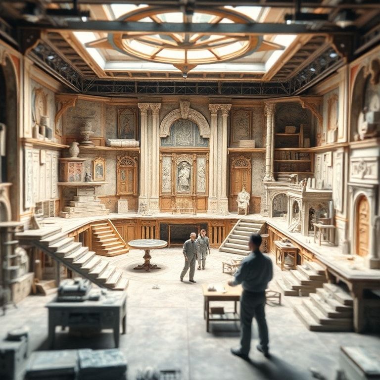 3D modeling software creating a detailed movie set design, virtual reality tools used in planning set construction, set designers collaborating on intricate set details