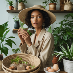 eco-friendly lifestyle with reusable items, sustainable energy sources, and green plants