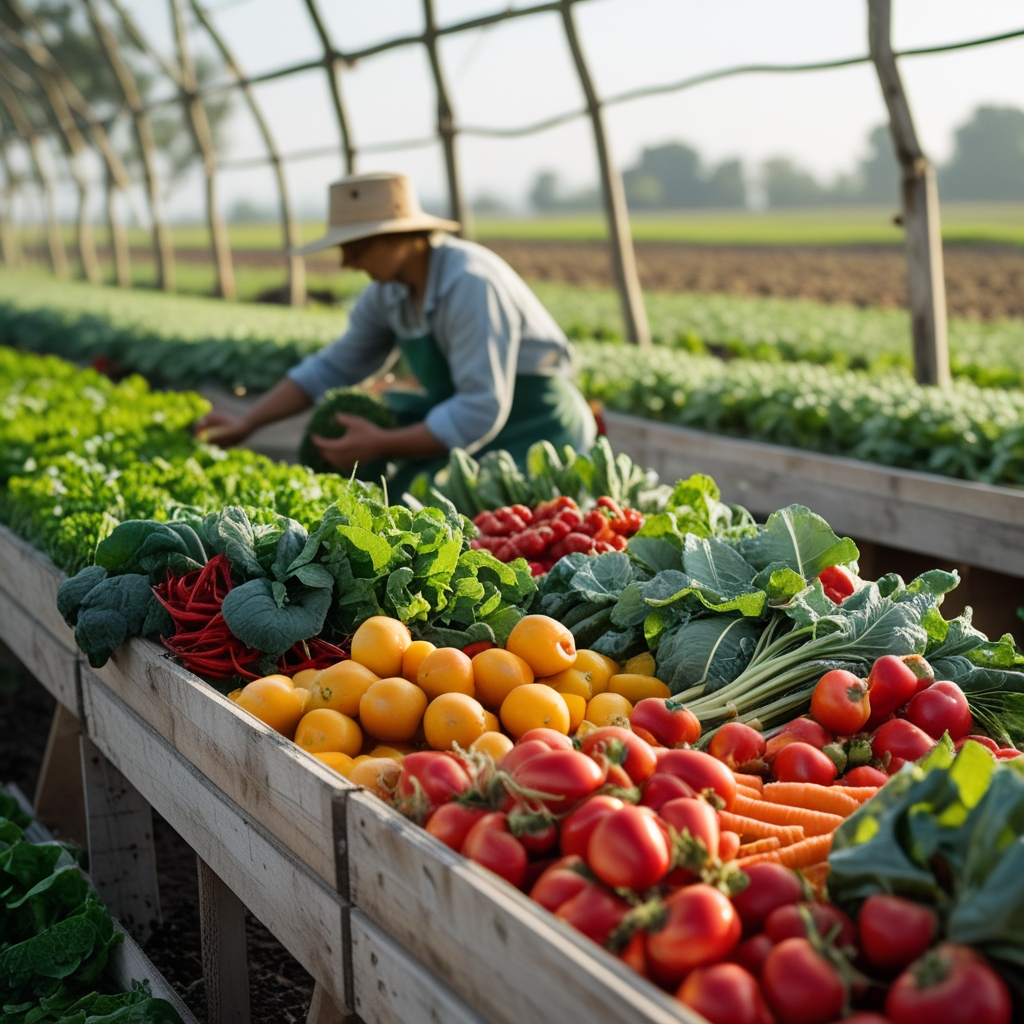 sustainable agriculture with organic farming practices, local produce, and healthy vegetables