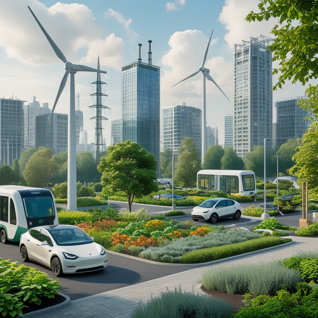 sustainable - green cityscape with renewable energy sources, electric vehicles, and urban gardens