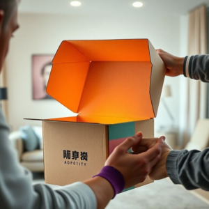 A beautifully designed custom corrugated box with a brand logo and vibrant colors, being opened by a customer revealing a product inside. The setting is a clean, modern home environment, with soft natural light. Focus on the unboxing experience, showing excitement and quality packaging. Ultra realistic, highly detailed, photorealistic, cinematic atmosphere, 8k quality, featuring 'กล่องกระดาษลูกฟูกสั่งผลิต: กุญแจสู่การขนส่งไร้กังวลสำหรับธุรกิจอีคอมเมิร์ซในกรุงเทพฯ และปริมณฑล' subtly integrated into the scene as a concept.