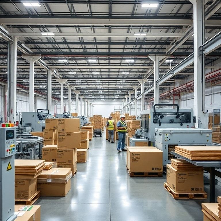 A modern, clean corrugated box manufacturing factory floor. Large, automated machinery is visible, processing cardboard sheet