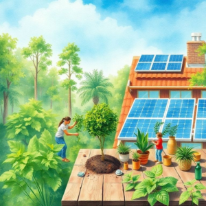 diverse group of people planting trees in a lush green forest, solar panels on a rooftop with blue sky, eco-friendly products on a wooden table with green plants