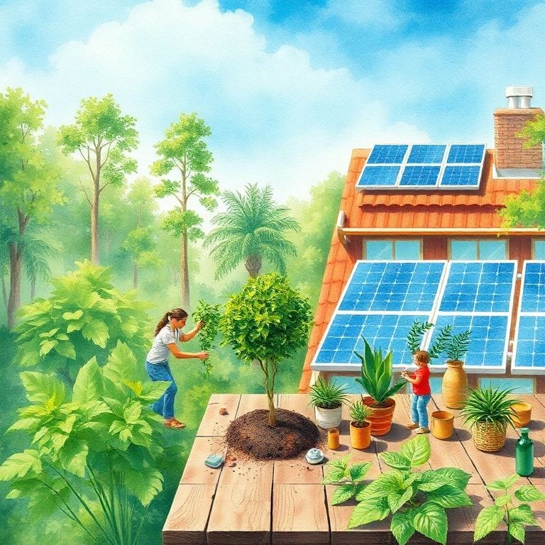diverse group of people planting trees in a lush green forest, solar panels on a rooftop with blue sky, eco-friendly products on a wooden table with green plants