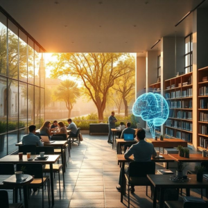 modern office with glass walls and people working on laptops, cozy Italian café terrace with coffee cups and notebooks, peaceful city park with green trees and stone pathways, minimalist living room interior with sunlight through large windows, futuristic AI holographic brain with neon lights, university library with tall bookshelves and students studying, warm natural sunlight, cinematic atmosphere, ultra realistic, highly detailed, 8k quality, photorealistic