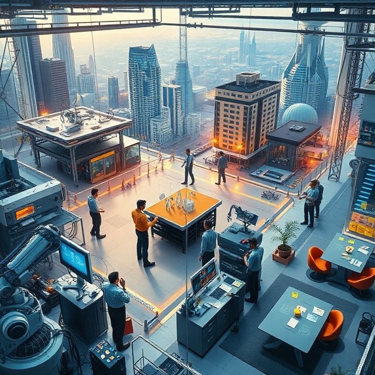 10 Innovative Ways to Boost Your Productivity Today 2 high-tech electronics manufacturing facility with robotic arms assembling components, diverse team of engineers collaborating