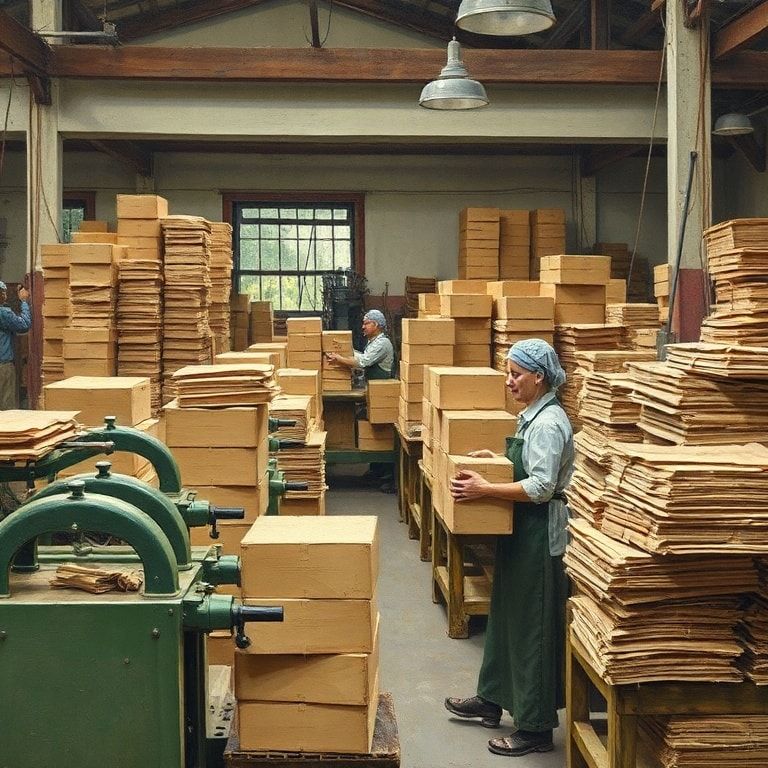 traditional cardboard box factory with workers hand-folding boxes, vintage machinery, stacks of cardboard sheets, and tools