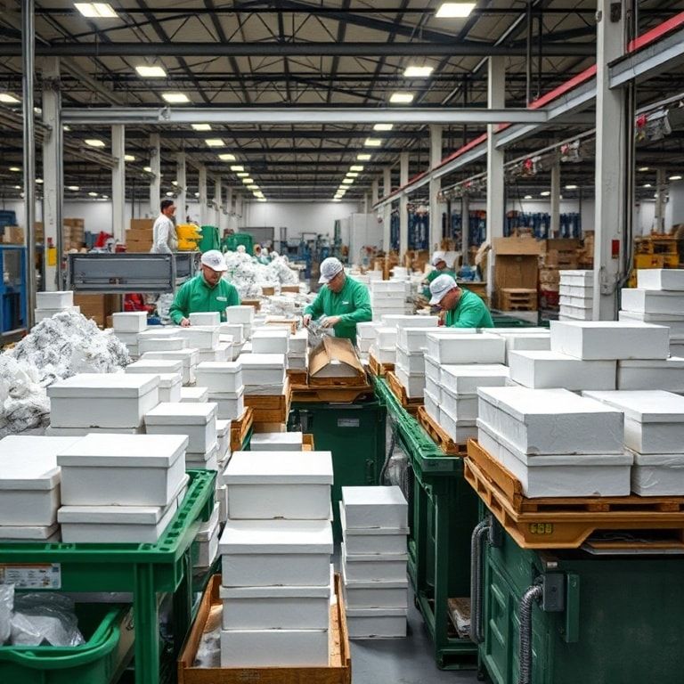 Manufacturing plant with workers sorting through recycled materials, industrial machinery producing foam boxes, sustainable packaging solutions on display, eco-friendly production processes in action
