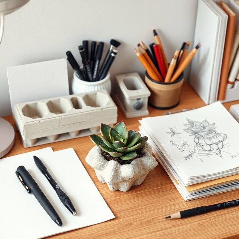 organized desk with egg carton storage containers, pens, notebooks, and succulent plant