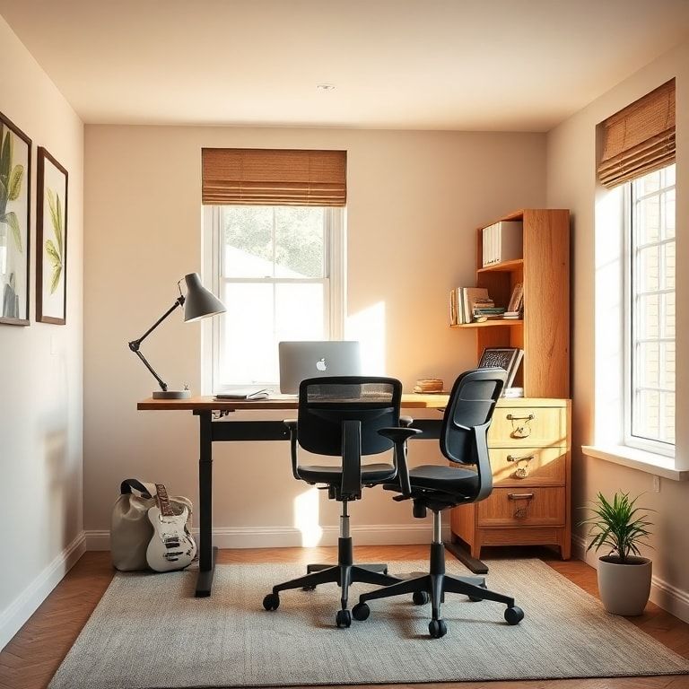 creative - ergonomic office setup with adjustable standing desk, ergonomic chair, and natural lighting