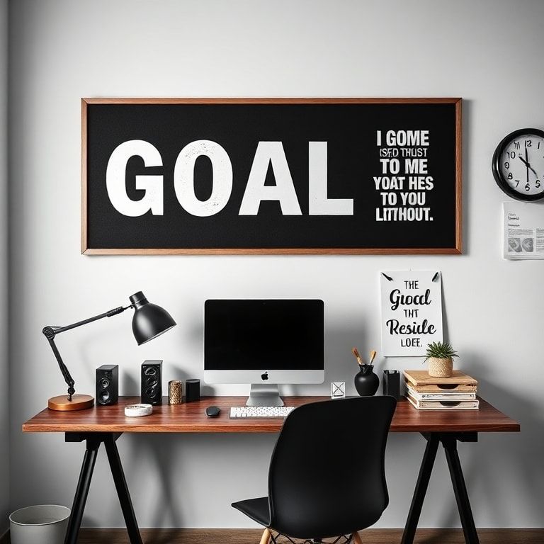 creative - motivational workspace with goal-setting vision board, inspirational quotes, and organized desk setup