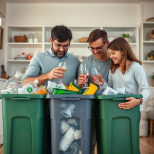 family recycling together at home, sorting plastic, glass, and paper waste into separate bins