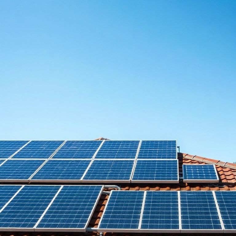 sustainable - solar panels on rooftop, generating clean renewable energy under clear blue sky