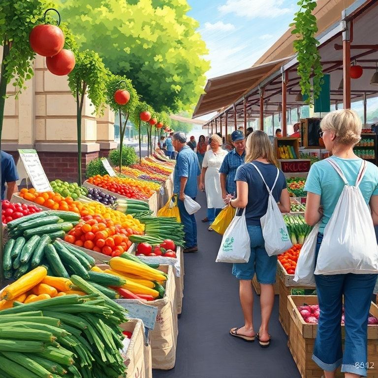 sustainable - local farmers market, colorful fruits and vegetables on display, people shopping with reusable bags