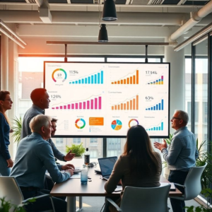 A vibrant, modern office setting with a diverse team collaborating around a large screen displaying various Ecommerce analytics and growth charts. The atmosphere is dynamic and innovative, with natural light streaming in, reflecting optimism and strategic planning. High-definition, realistic, professional business photography style.