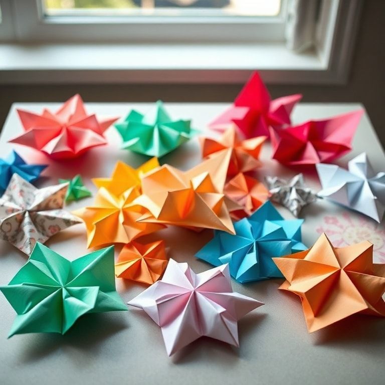 a selection of colorful origami paper sheets in various patterns and designs, neatly organized on a table, soft natural lighting, vibrant colors, artistic arrangement