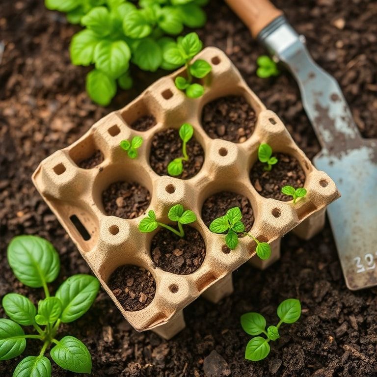 seed starters made from egg cartons, with small plants sprouting, surrounded by gardening tools and soil, natural and eco-friendly materials, vibrant green colors