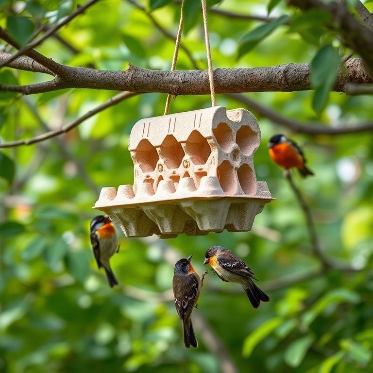 unleash - DIY bird feeder made from egg cartons, hanging from a tree branch, with birds feeding, surrounded by green foliage,