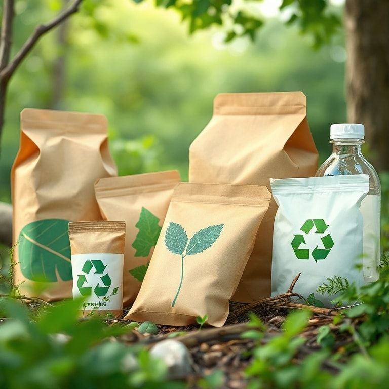 Eco-friendly packaging materials in a natural setting, showcasing recyclable and biodegradable options with green and earthy tones, sustainable practices in action, environmentally conscious packaging solutions
