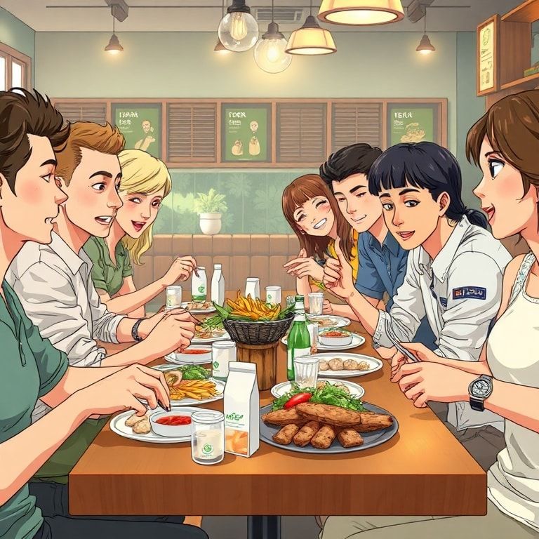 Diverse group of people enjoying a meal at a restaurant, showcasing the importance of sustainable packaging in the food indus