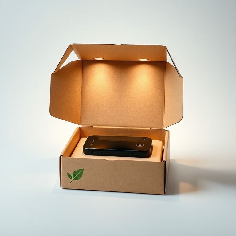 modern eco-friendly packaging design with recyclable materials, minimalist and sleek, showcasing electronic device inside, environmentally friendly branding