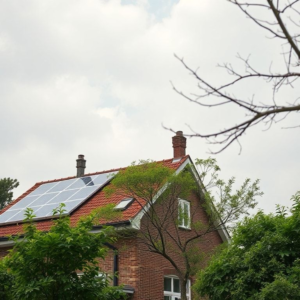 family installing solar panels on their roof, business using eco-friendly packaging materials, community planting trees to improve air quality