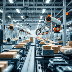 modern packaging facility with robotic arms and automated assembly lines, futuristic technology in action, efficiency and precision in packaging operations, industrial setting with advanced robotics and machinery