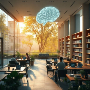 modern office with glass walls and people working on laptops, cozy Italian café terrace with coffee cups and notebooks, peaceful city park with green trees and stone pathways, minimalist living room interior with sunlight through large windows, futuristic AI holographic brain with neon lights, university library with tall bookshelves and students studying, warm natural sunlight, cinematic atmosphere, ultra realistic, highly detailed, 8k quality, photorealistic